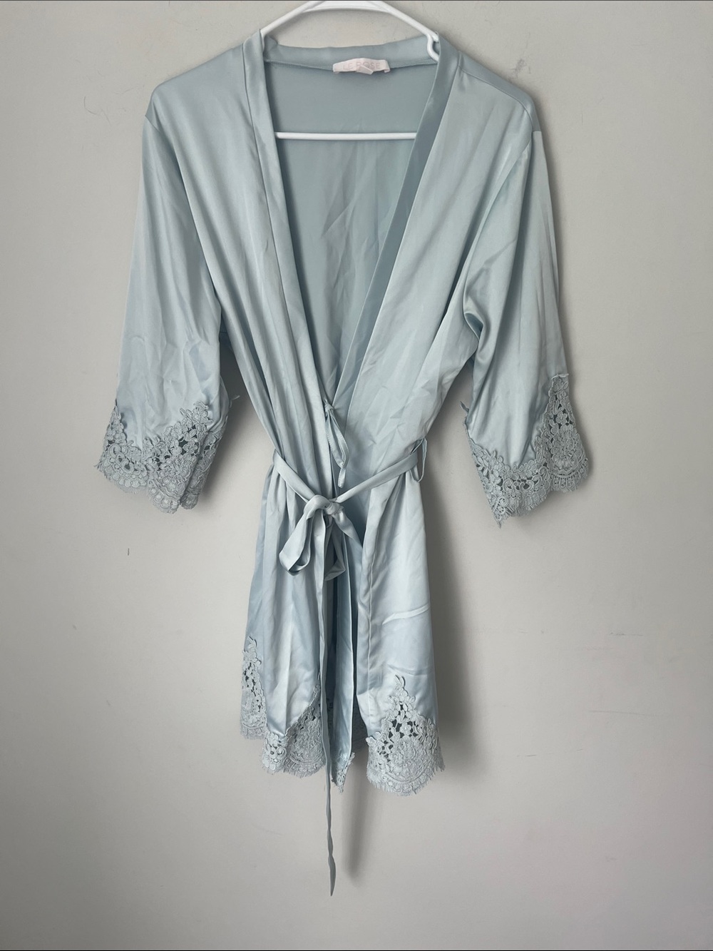 Le Rose Satin Lace Wrap Robe Light Blue XS/S Bridal ✔️